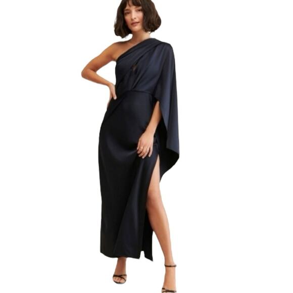 Significant Other One Shoulder Gown Navy Leg Slit 2 Luxury Cocktail Minimalist - Picture 5 of 7